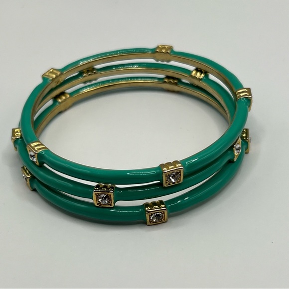 Set of three teal / turquoise enamel bangles with gold and crystals - Picture 4 of 6